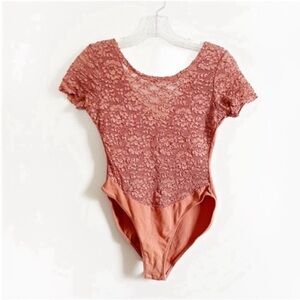 Victoria's Secret bodysuit dusty rose salmon pink lace floral vintage gold